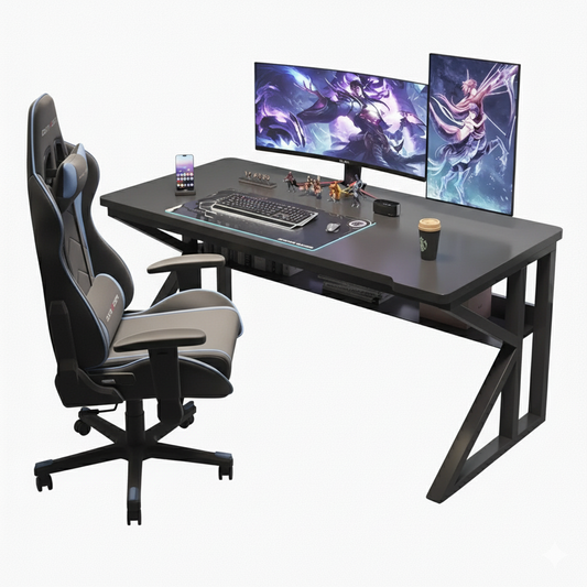 Ergonomic Gaming Desk with Headphone & Cup Holder – 47" Sturdy Z-Leg Workstation for PC Setup, Console Accessories