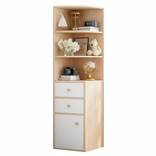 Space-Saving Corner Bookshelf with Storage Cabinet – Compact Wooden Bookcase for Living Room or Bedroom, 9.4 x 9.4 x 51.2 in (24 x 24 x 130 cm)