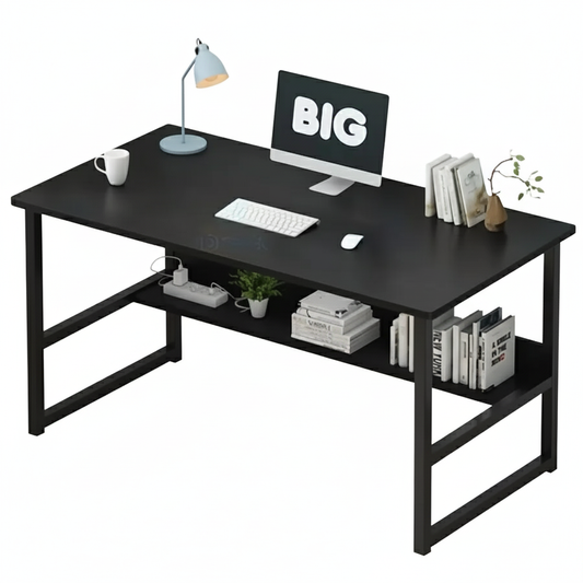 Two-Tier Study Desk with Fixed Top – Black MDF Table with Rounded Corners and Sturdy Powder-Coated Steel Frame