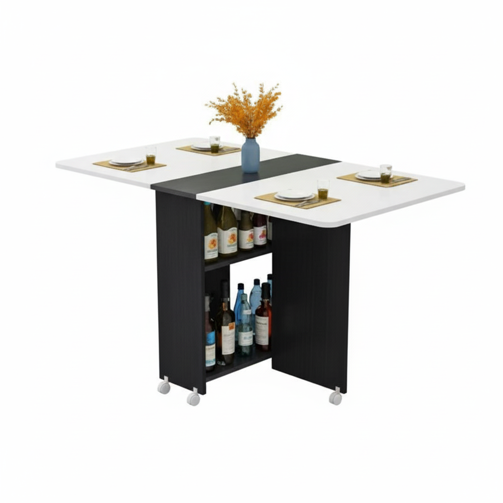 10 units Folding Dining Table with Wheels, Space-Saving Extendable Table for Kitchen or Living Room, Compact Wooden Table with Storage Shelf, Easy to Move, 27.2 x 31.5 x 55.9 in (69 x 80 x 142 cm)