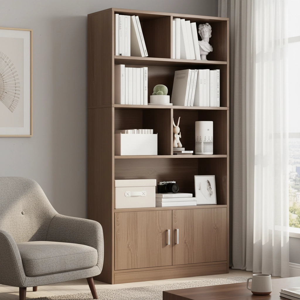 Tall Wooden Bookshelf Cabinet with Doors – Multi-Tier U-Shaped MDF Storage and Display Unit for Living Room, Bedroom or Office, 63 x 31.5 x 9.4 in (160 x 80 x 24 cm)