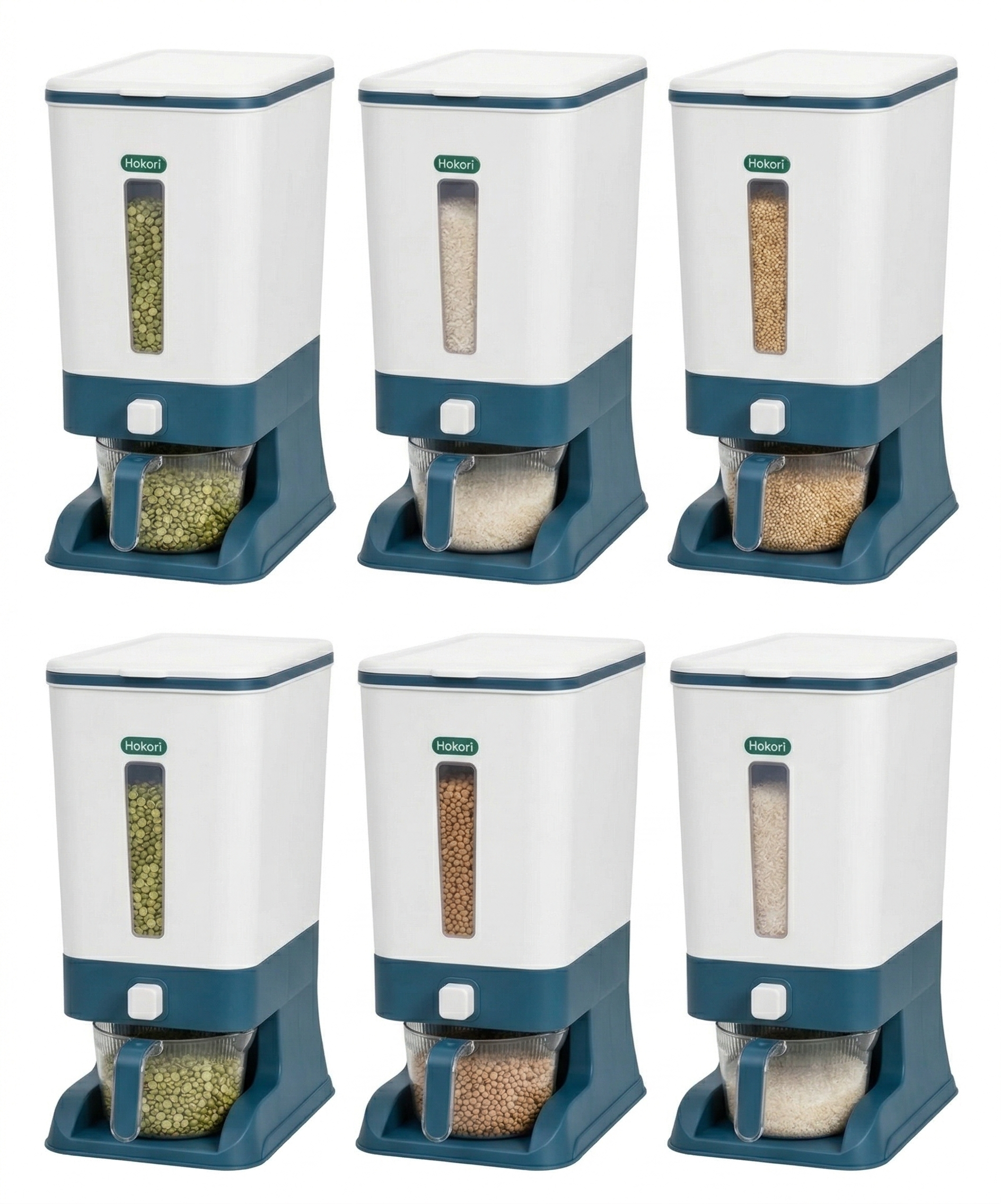 6-Pack Rice and Small Grains Dispenser 22 lbs / 10kg - Keep Fresh, Easy Fast Food Prep Rice Beans Flour Grains, No Mess Pantry Kitchen Organizer