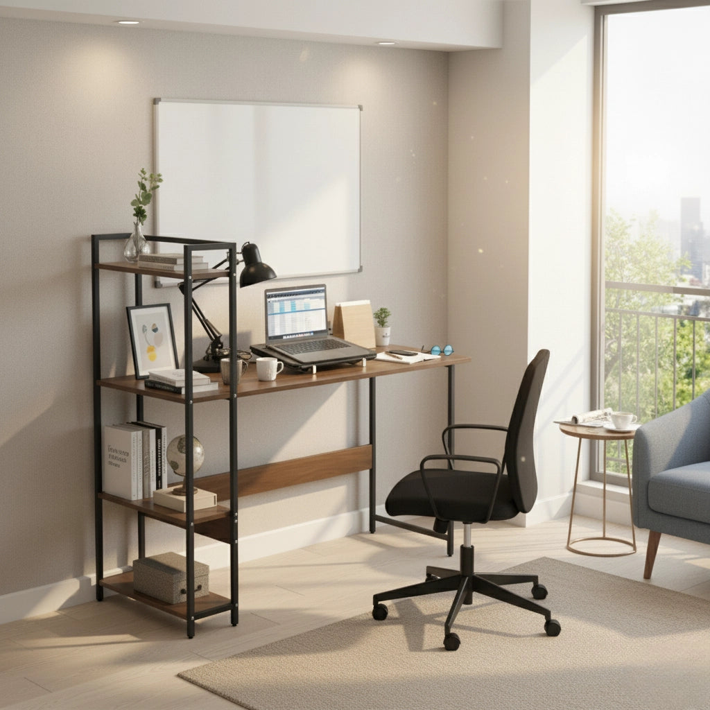 Home Office Desk with Storage Shelves – Modern MDF Wood Computer Table with Metal Frame for Study, Workstation or Living Room
