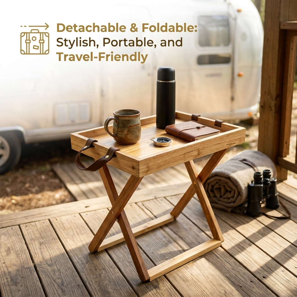 Foldable Wooden Table with Detachable Tray, Portable Oak Wood Outdoor Table 13.8×19.7×17.7 in (35×50×45 cm) Multi‑Use Coffee & Camping Table for Patio, Cafe, RV, Picnic, Balcony, Home Dining