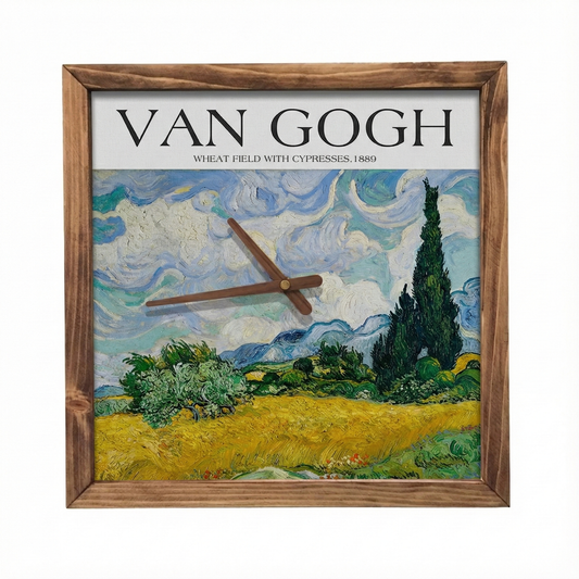 Wheat Field by Van Gogh Quartz Wall Clock 13" x 13" - Vintage Style Wood Frame with Cotton Canvas