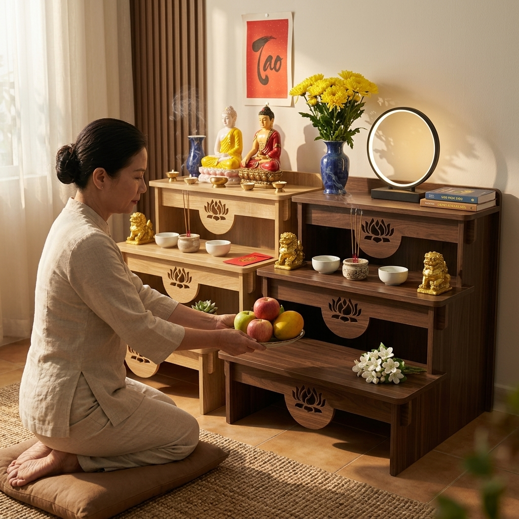 3-Tier Buddhist Altar Table for Prayer & Meditation, Zen Style Wooden Shrine Cabinet with Storage Drawer, MDF Melamine Home Worship Table 23.2 x 24.4 x 26.8 in (59 x 62 x 68 cm)