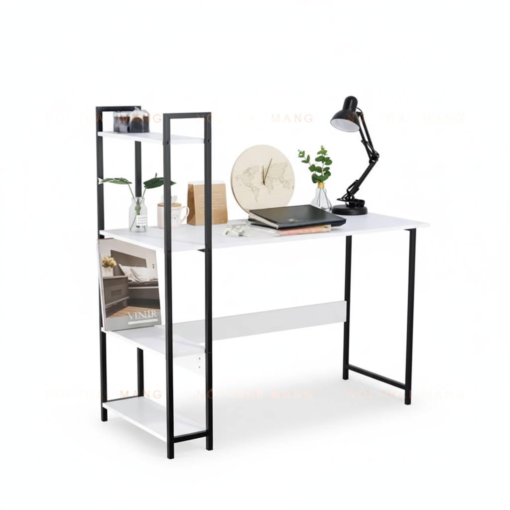 Home Office Desk with Storage Shelves – Modern MDF Wood Computer Table with Metal Frame for Study, Workstation or Living Room