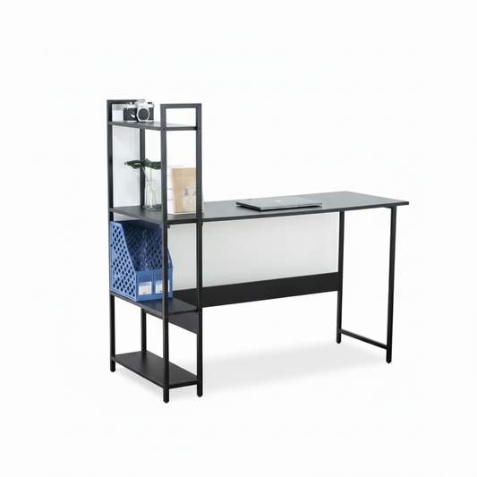 Home Office Desk with Storage Shelves – Modern MDF Wood Computer Table with Metal Frame for Study, Workstation or Living Room