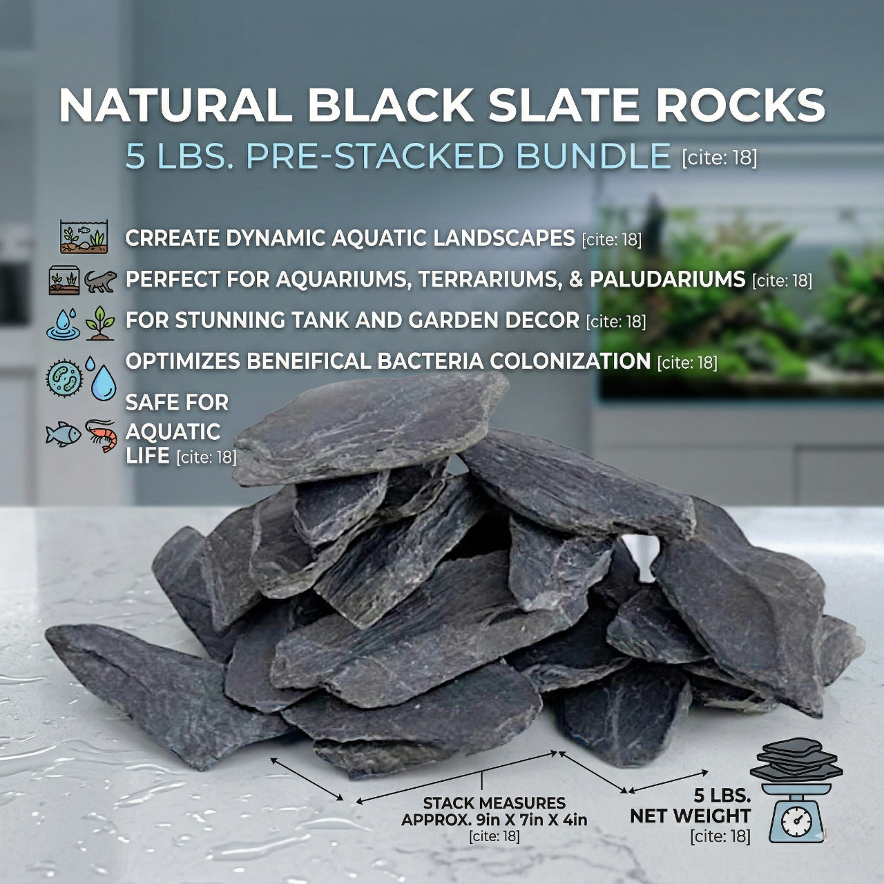 Natural Black Slate Rocks 5lbs - Thin Flat Stones for Fish Tank Aquascaping, Aquariums, and Paludariums - Decorative Stones for Terrariums, Vivariums, Reptile Enclosures, and Gardens