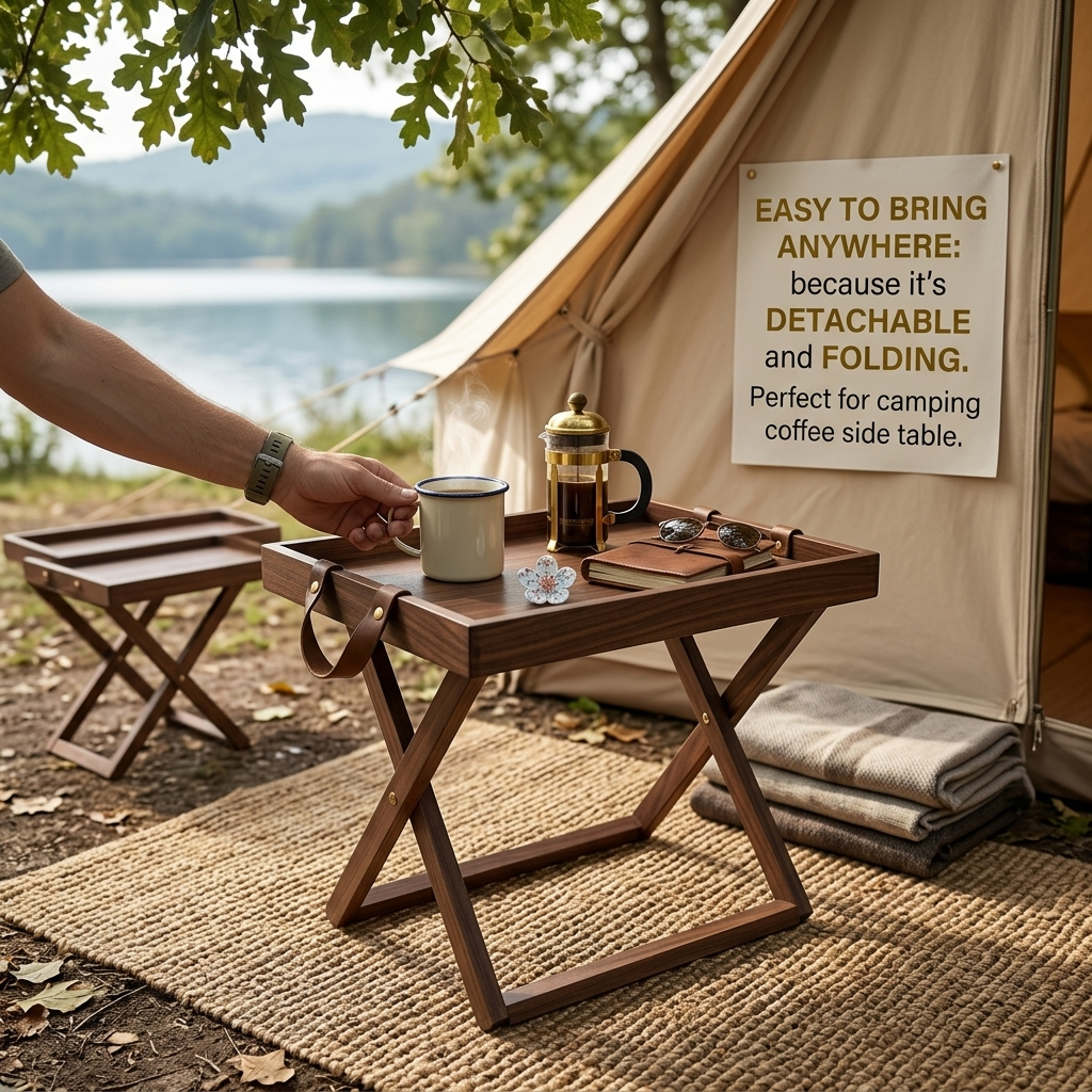 Foldable Wooden Table with Detachable Tray, Portable Oak Wood Outdoor Table 13.8×19.7×17.7 in (35×50×45 cm) Multi‑Use Coffee & Camping Table for Patio, Cafe, RV, Picnic, Balcony, Home Dining
