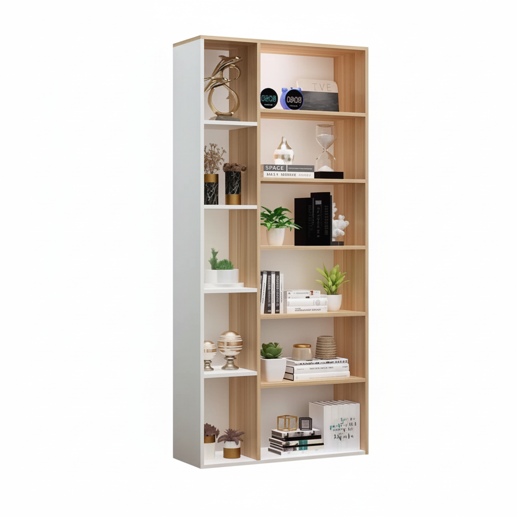 6-Tier Modern Wooden Bookshelf – MDF Storage Rack with White & Natural Wood Finish for Living Room, Office or Bedroom, 23.6 x 9.8 x 70.8 in (60 x 25 x 180 cm)