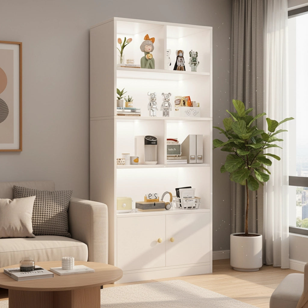 Tall Wooden Bookshelf Cabinet with Doors – Multi-Tier U-Shaped MDF Storage and Display Unit for Living Room, Bedroom or Office, 63 x 31.5 x 9.4 in (160 x 80 x 24 cm)