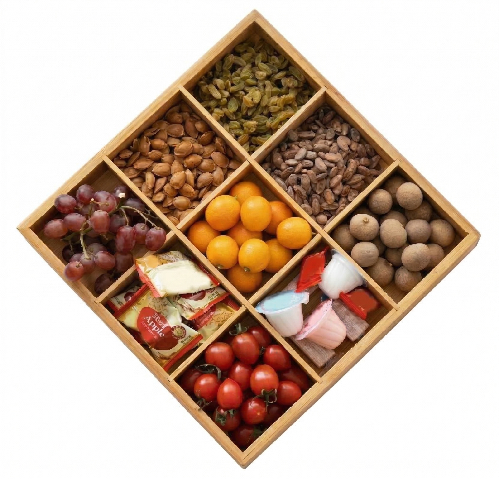 9 Compartments Wood Divider Tray, Square Pine Serving Party Platter for Fruit Snacks Candy, Jewelry Storage Organizer, Space-Saving Drawer Organization 10.6 x 10.6 x 1.57 inch