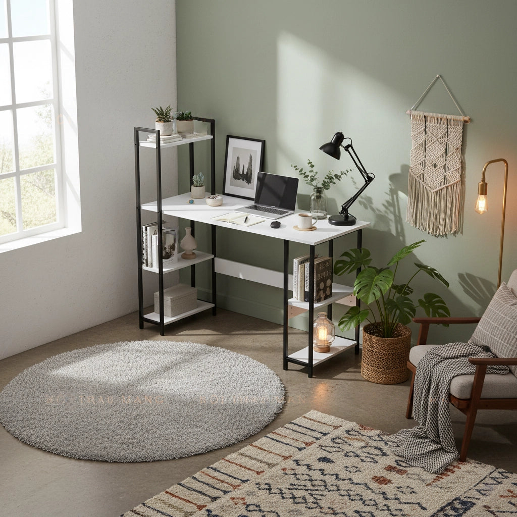 Home Office Desk with Storage Shelves – Modern MDF Wood Computer Table with Metal Frame for Study, Workstation or Living Room