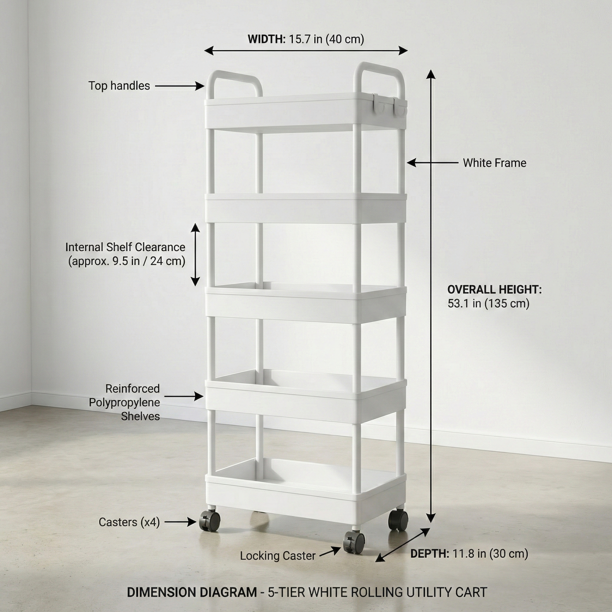 5-Tier Rolling Utility Cart with Wheels, Metal Mesh Storage Organizer for Kitchen, Bathroom, Office – 15.7 x 11.8 x 53.1 in (40 x 30 x 135 cm), Black