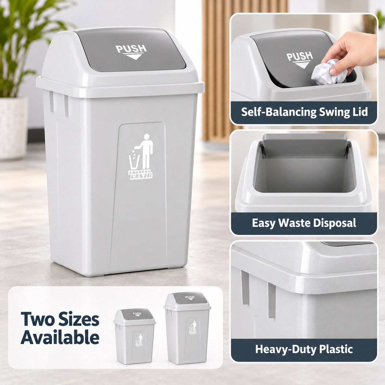 Square Swing Top Trash Can – Heavy-Duty Kitchen Garbage Can with Self-Balancing Lid – Commercial Plastic Waste Basket for Office & Home