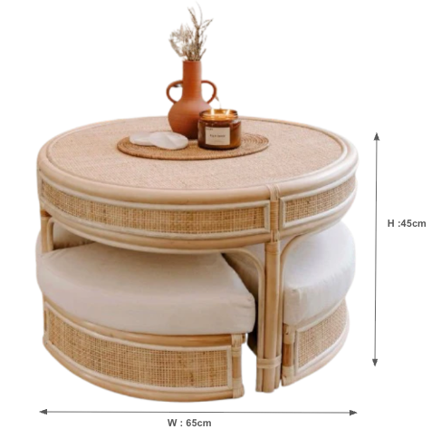 Handwoven Rattan Round Table with 4 Hidden Stools – Compact & Elegant Tea Set