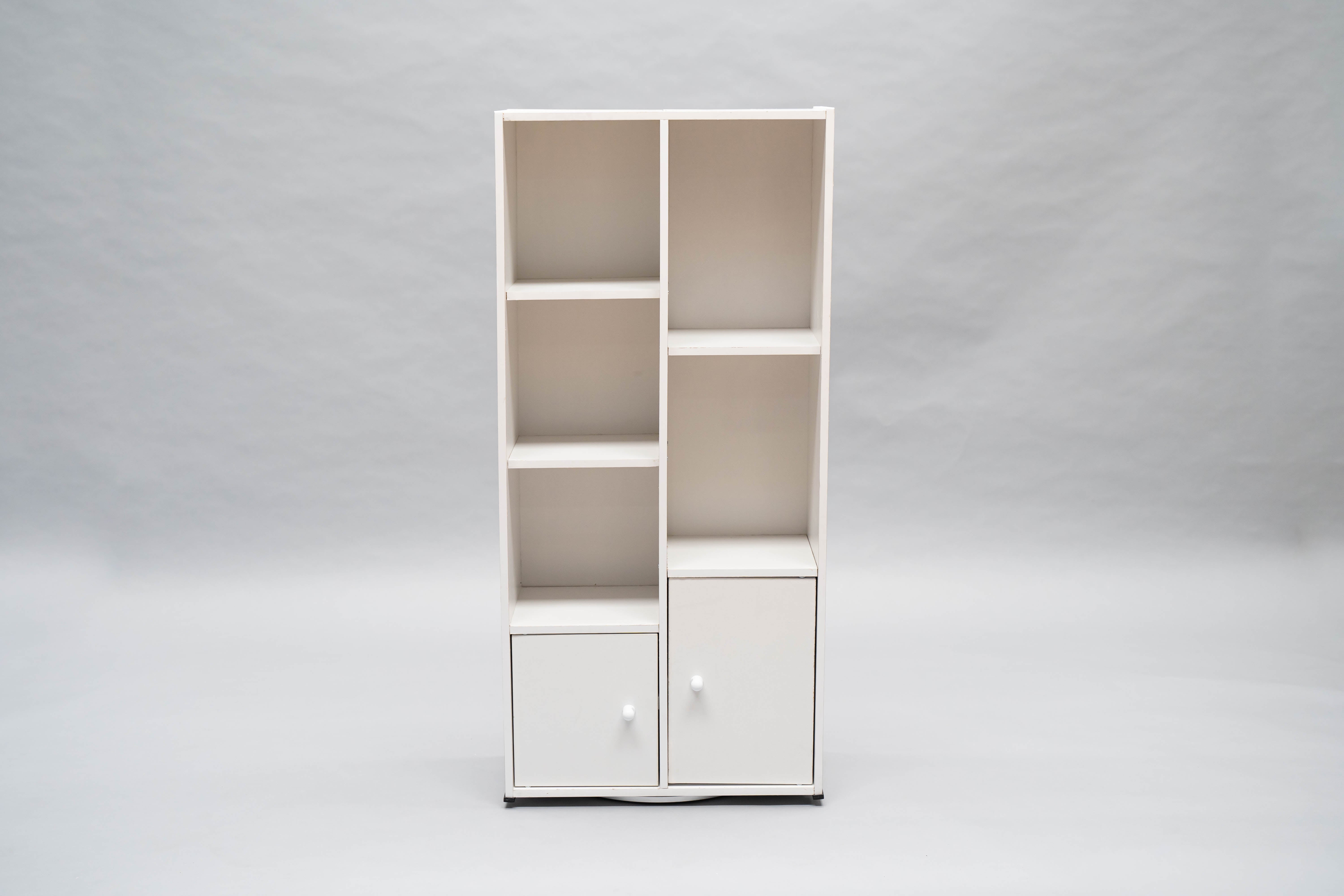 Modern Wooden Storage Cabinet with Doors – 6-Tier White Bookshelf & Organizer for Living Room or Office, 19.5 x 9.3 x 41.7 in (496 x 236 x 1060 mm)