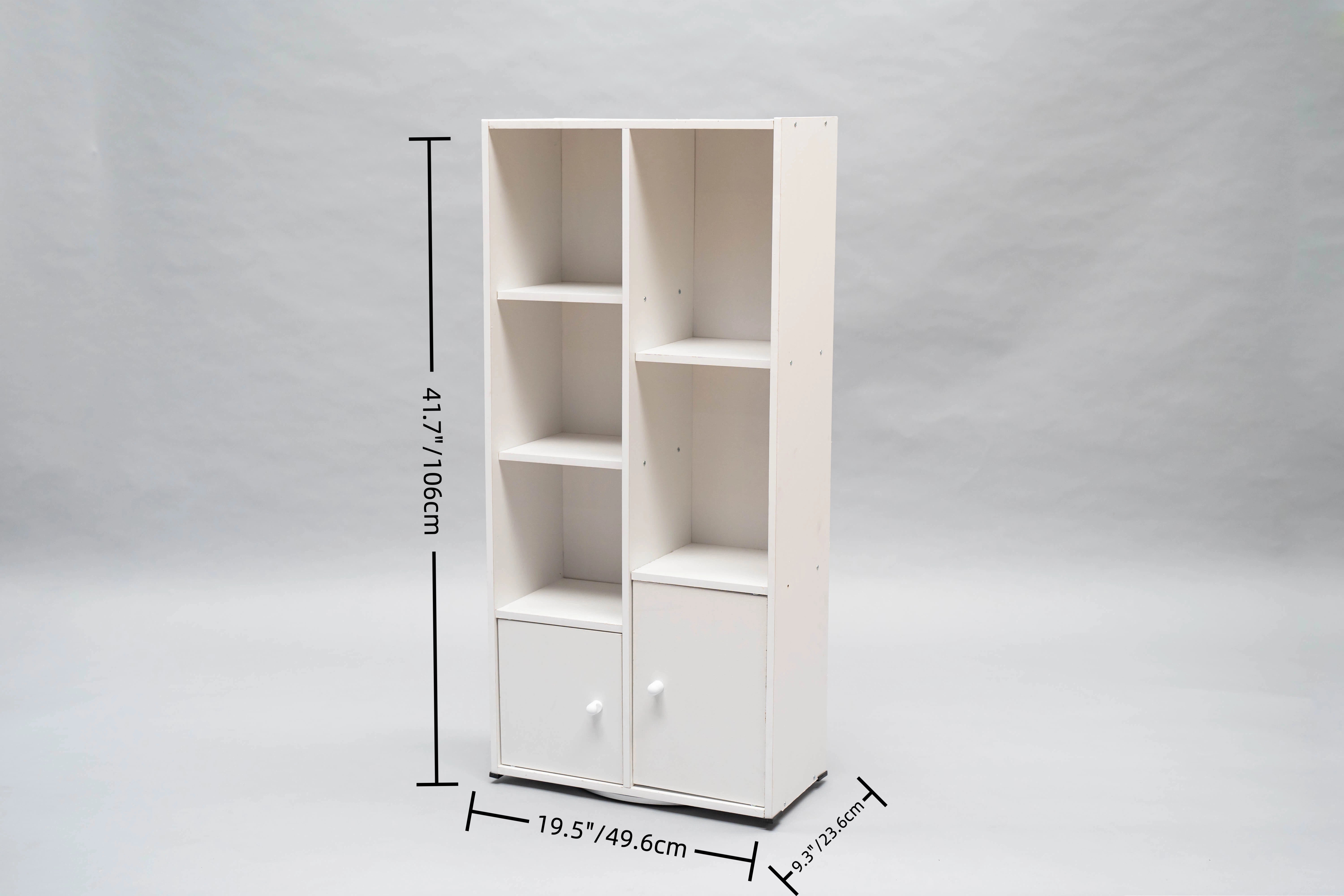 Modern Wooden Storage Cabinet with Doors – 6-Tier White Bookshelf & Organizer for Living Room or Office, 19.5 x 9.3 x 41.7 in (496 x 236 x 1060 mm)