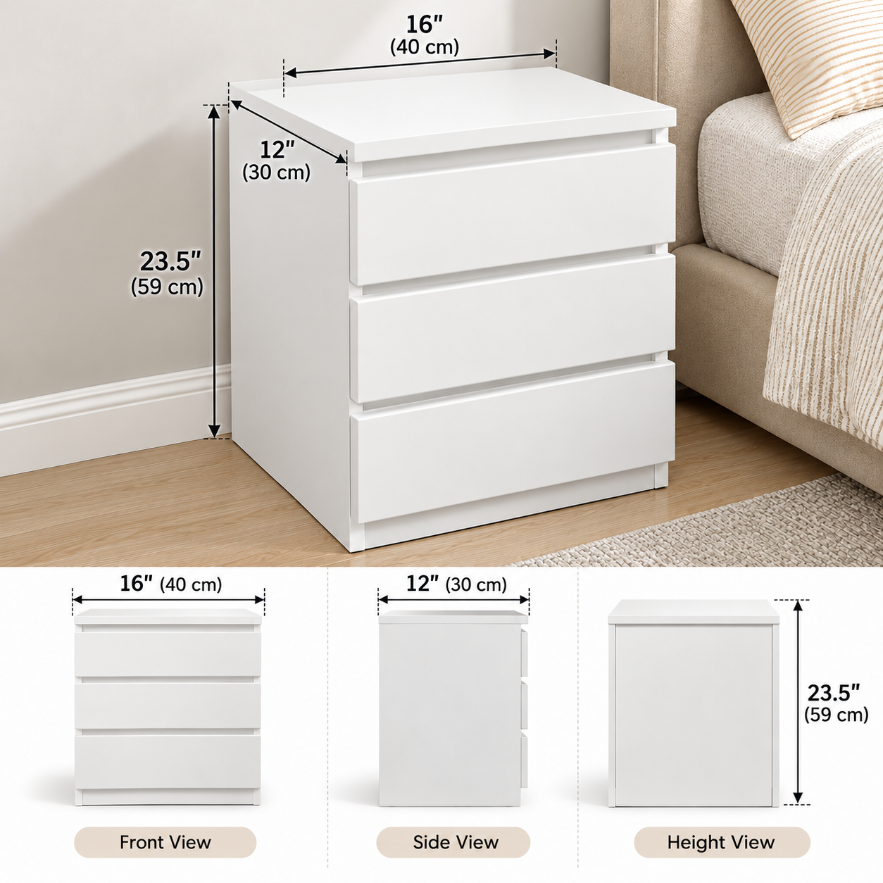Modern White Mini Nightstand – Compact 2/3-Drawer Bedside Table for Bedroom