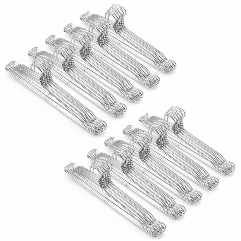 Set of clear plastic hangers on a white background