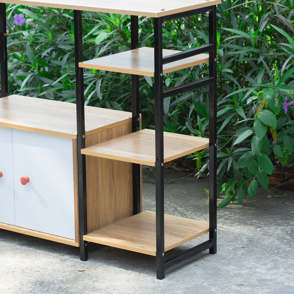 2‑Tier Wooden Microwave Oven Rack with Cabinet & 6 Shelves – Extra‑Wide Kitchen Storage Stand