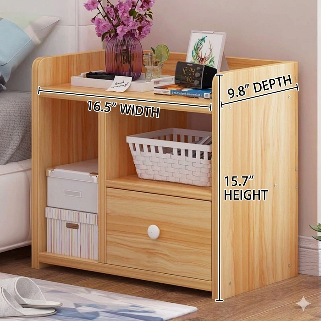 1 Drawer Bedside Table - Storage and Side Compartment with Shelf