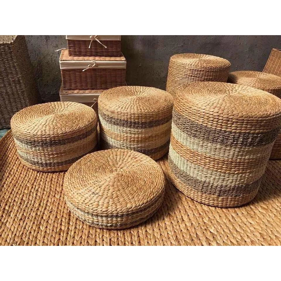 15.75" Water Hyacinth Woven Natural Ottoman Cushioned Sitting or Foot Stool