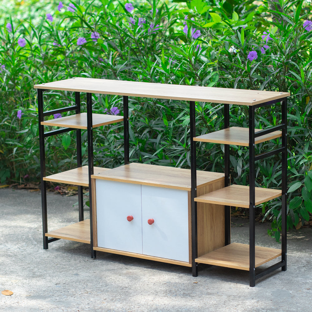 2‑Tier Wooden Microwave Oven Rack with Cabinet & 6 Shelves – Extra‑Wide Kitchen Storage Stand