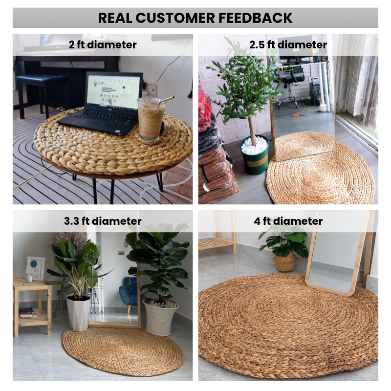 Set of 2 Water Hyacinth Area Rug – Natural Woven Boho Floor Mat, Round