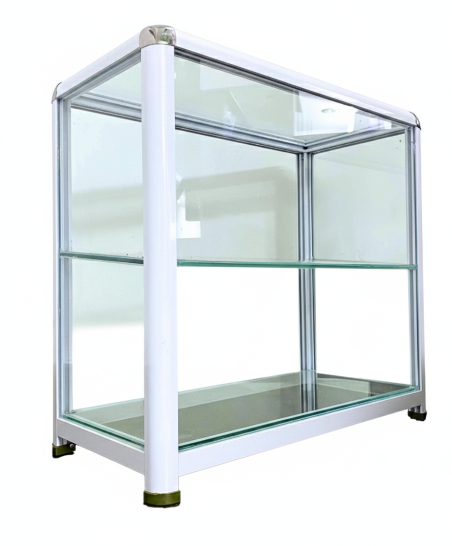 Glass Display Cabinets for Retail & Cafés – Aluminum Frame Counter Showcase with Forward-Sloped Shelf (2 Sizes Available)