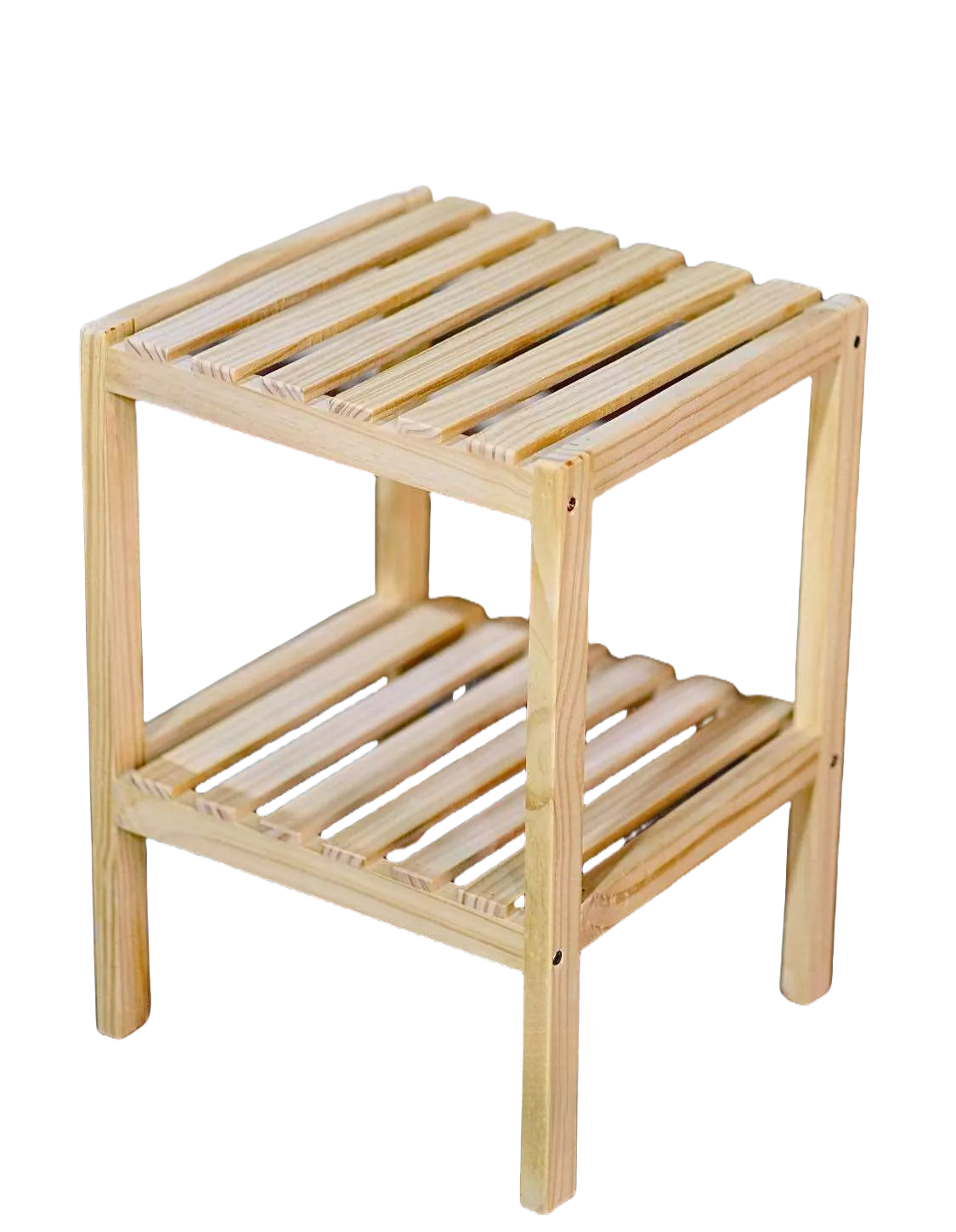 2-Tier Solid Pine Wood Bedside Table – Simple Nightstand with Slatted Shelves