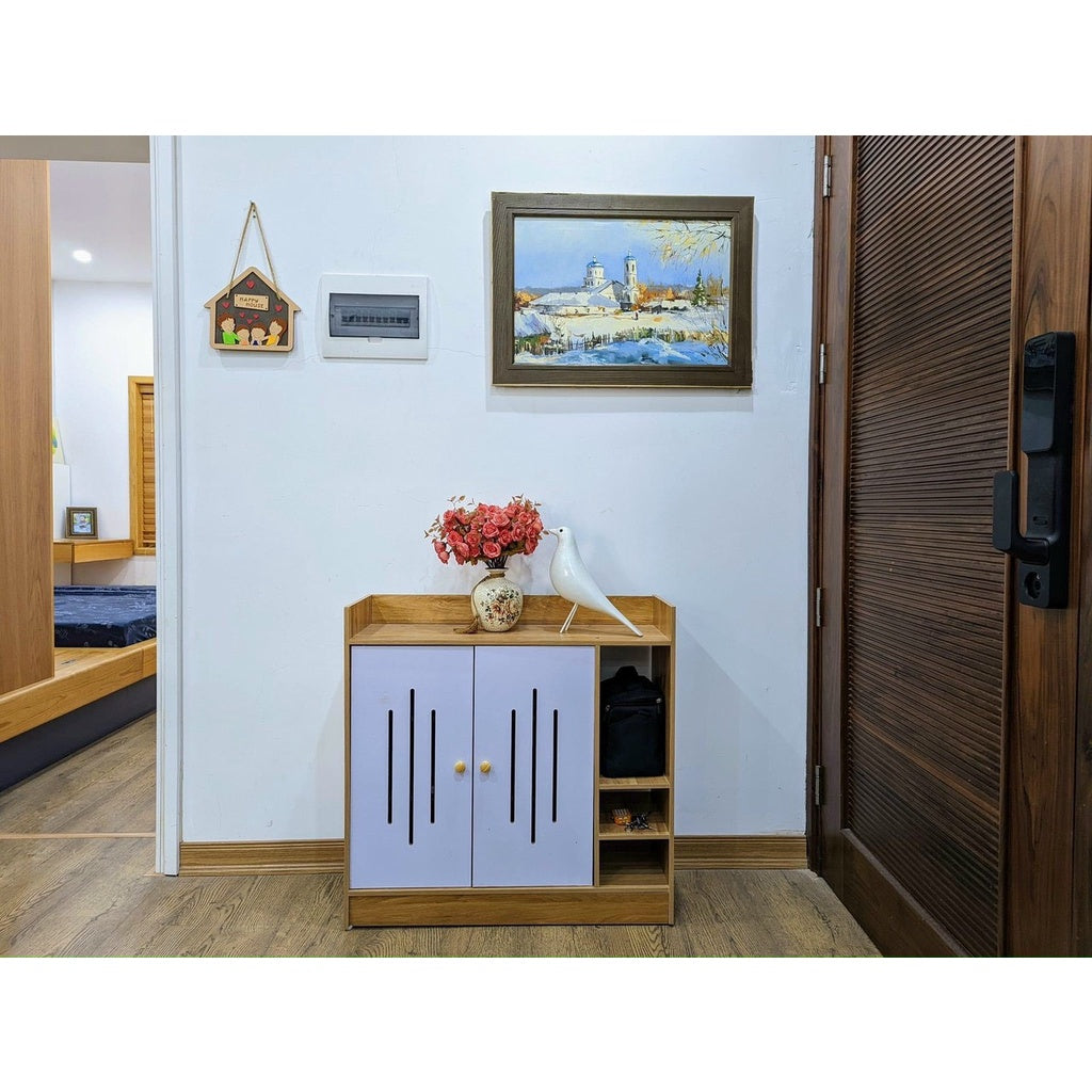 1pc Shoe Cabinet 78x78x28cm (30.7"x30.7"x11") – Wood Grain MDF, White & Oak, Entryway Storage, Shoe Rack Type