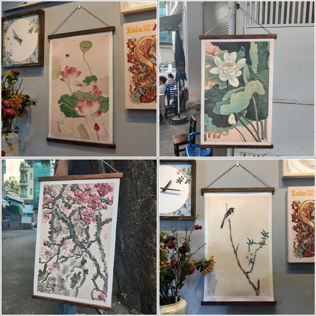 Autumn Tree with Monkeys Scroll Hanging Wall Art - Vintage Style Hanging Cotton Canvas