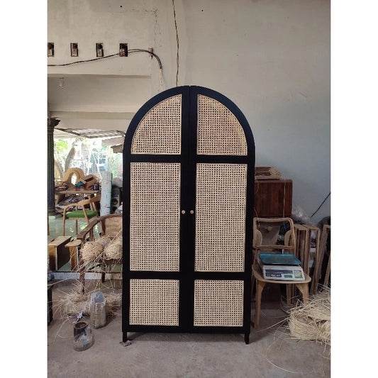Double-Door Rattan Wardrobe – Solid Teak Wood Frame