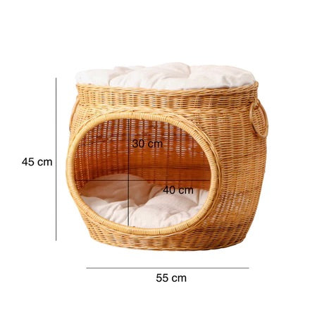 Handwoven Rattan Pet Bed – Cat & Small Dog House with Cushion (45x55x45cm)
