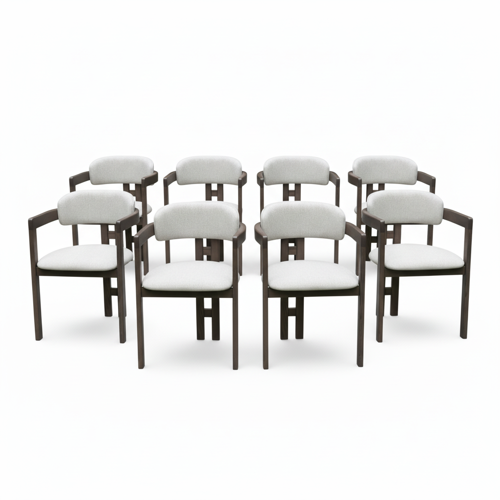 6 or 8 x Tri-Leg Modern Dining and Cafe Chair - Solid Ash Wood with Fabric Upholstery and Cushion