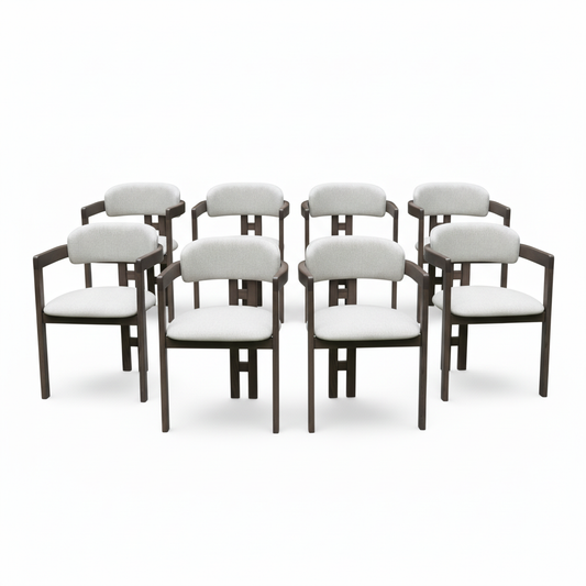 6 or 8 x Tri-Leg Modern Dining and Cafe Chair - Solid Ash Wood with Fabric Upholstery and Cushion