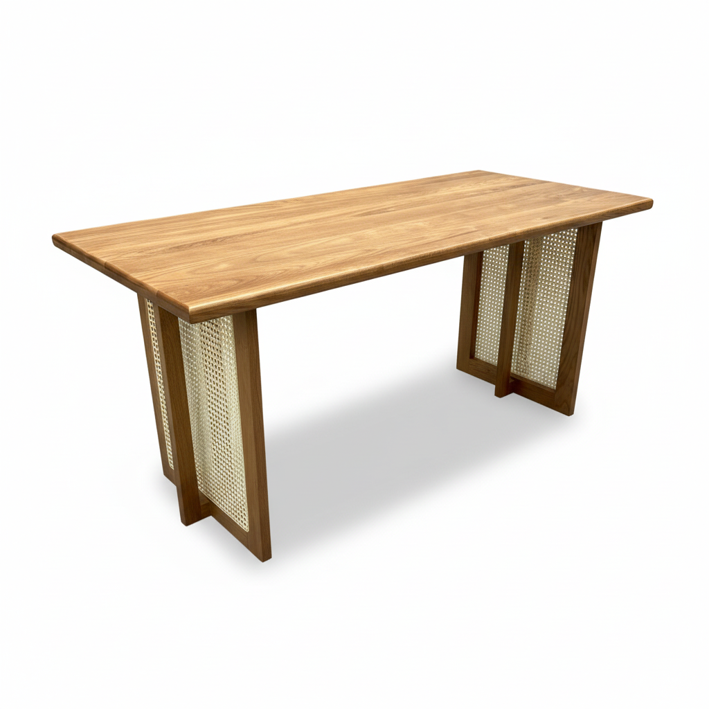 Solid Ash Wood & Rattan Accent Dining Table 63" for Home, Restaurants, Cafes or Events