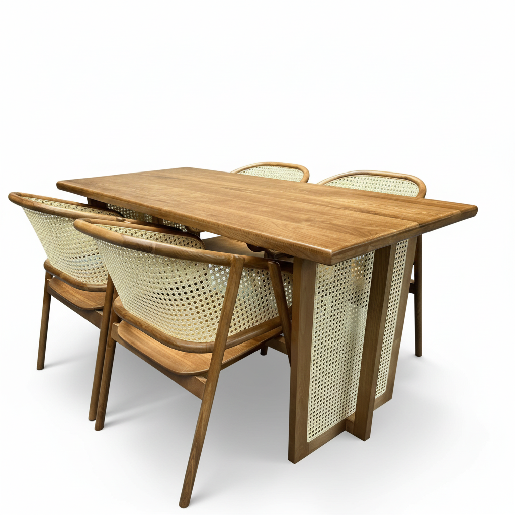 Solid Ash Wood & Rattan Accent Dining Table 63" for Home, Restaurants, Cafes or Events