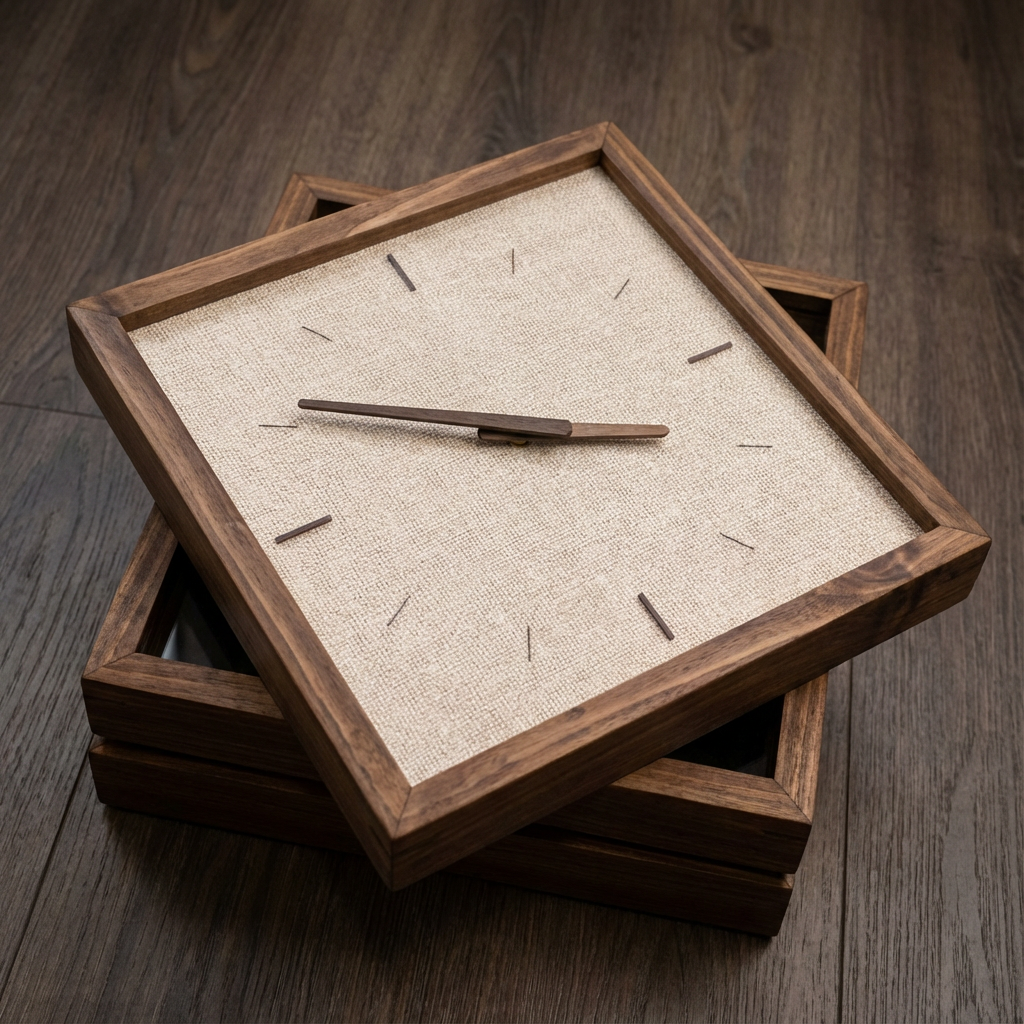 Fabric Print Wall Clock 13" x 13" - Rustic Style Wood Frame with Cotton Canvas