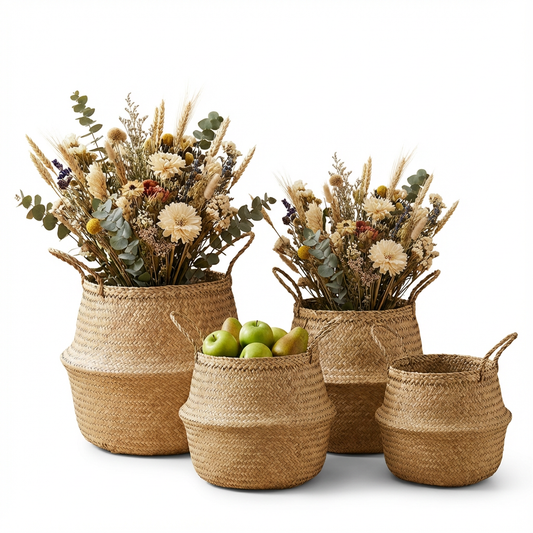 Set of 4 - Sedge Grass Woven 'Belly' Folding Basket - Multi Size - Natural and Stylish Storage & Decoration for Home