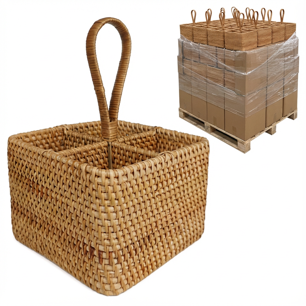 100/200 Units Bulk - Rattan 4 Compartment Basket with Handle - Hold Utensils, Condiments, Bottles & More