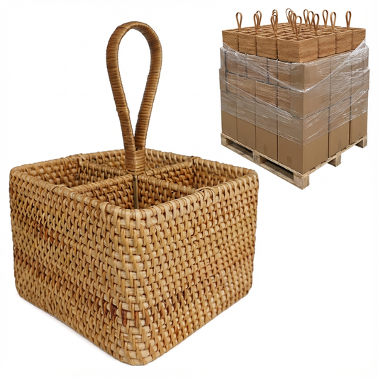 100/200 Units Bulk - Rattan 4 Compartment Basket with Handle - Hold Utensils, Condiments, Bottles & More