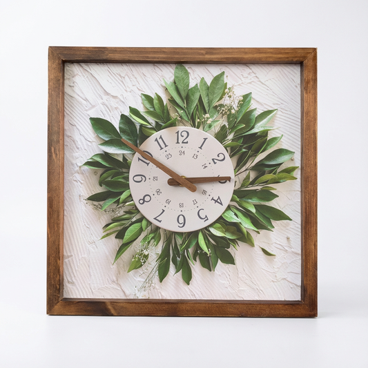 Leaf Bouquet Canvas Art Wall Clock 13" x 13" - Vintage Style Wood Frame with Cotton Canvas