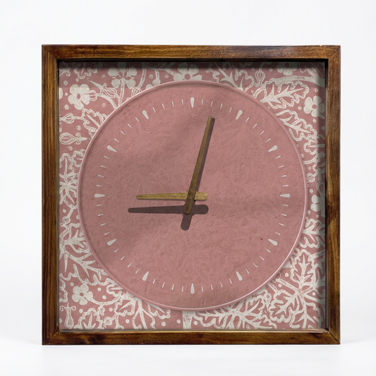 Pink Floral Canvas Art Wall Clock 13" x 13" - Vintage Style Wood Frame with Cotton Canvas