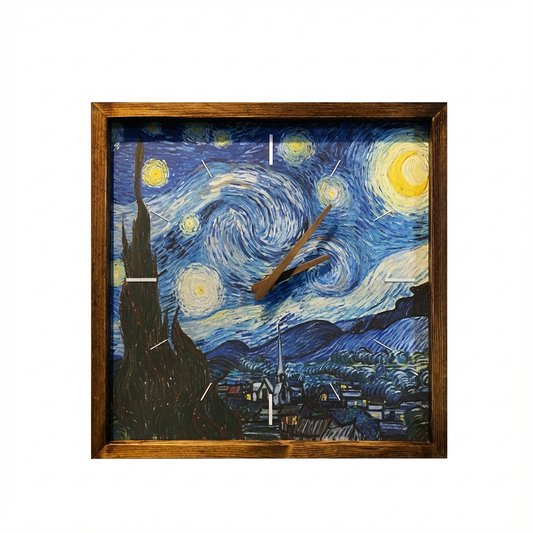 Starry Night Canvas Art Wall Clock 13" x 13" - Vintage Style Wood Frame with Cotton Canvas