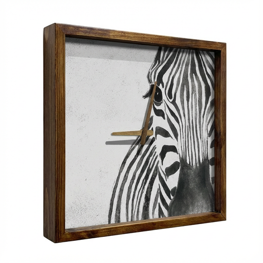 Zebra Face Art Wall Clock 13" x 13" - Vintage Style Wood Frame with Cotton Canvas