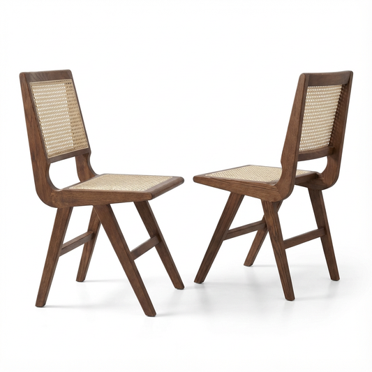 Set of 2 Modern Solid Ash Wood Dining Chair with Synthetic Rattan - Durable & Stylish