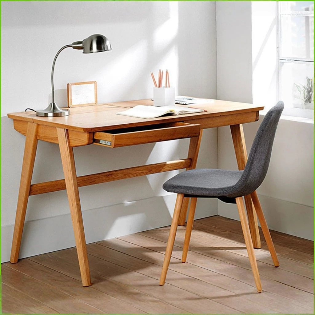 Solid Wood Desk with 2 Drawers, Rubber Wood Tabletop and Pine Legs, Simple Nordic Style Office or Study Table